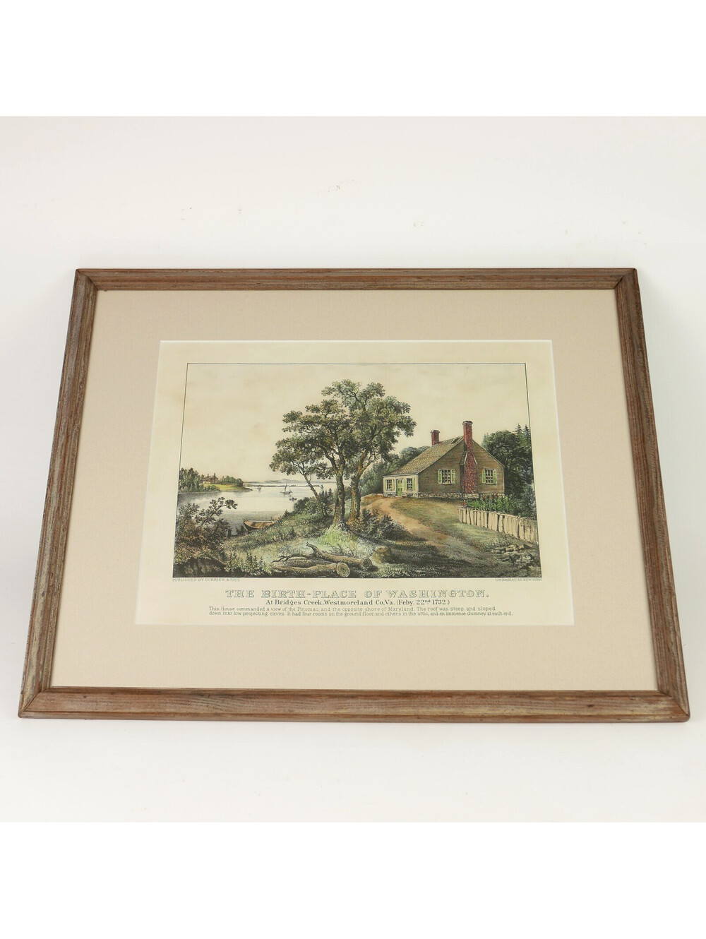 Currier & Ives Hand Colored Lithograph Print Birth Place of Washington Antique